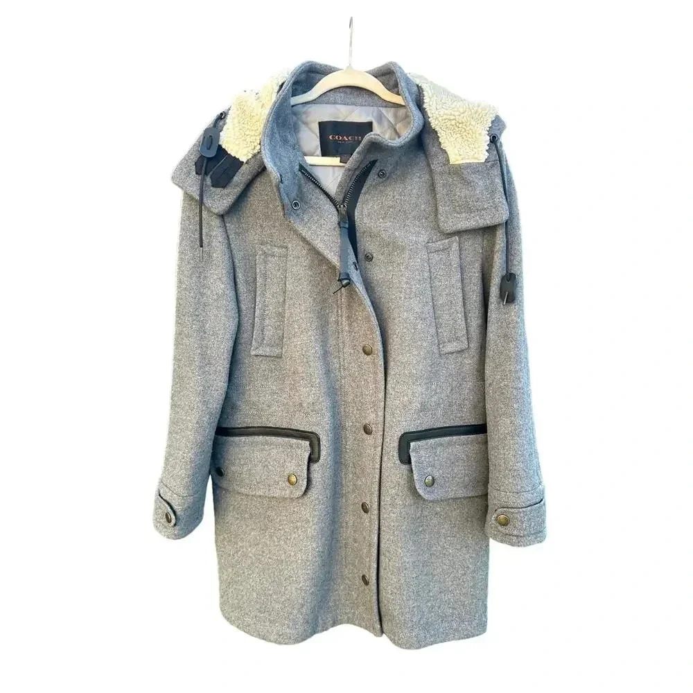 Coach Women’s Granite Gray Wool Coat Jacket With Hoodie And Leather Trims Size M